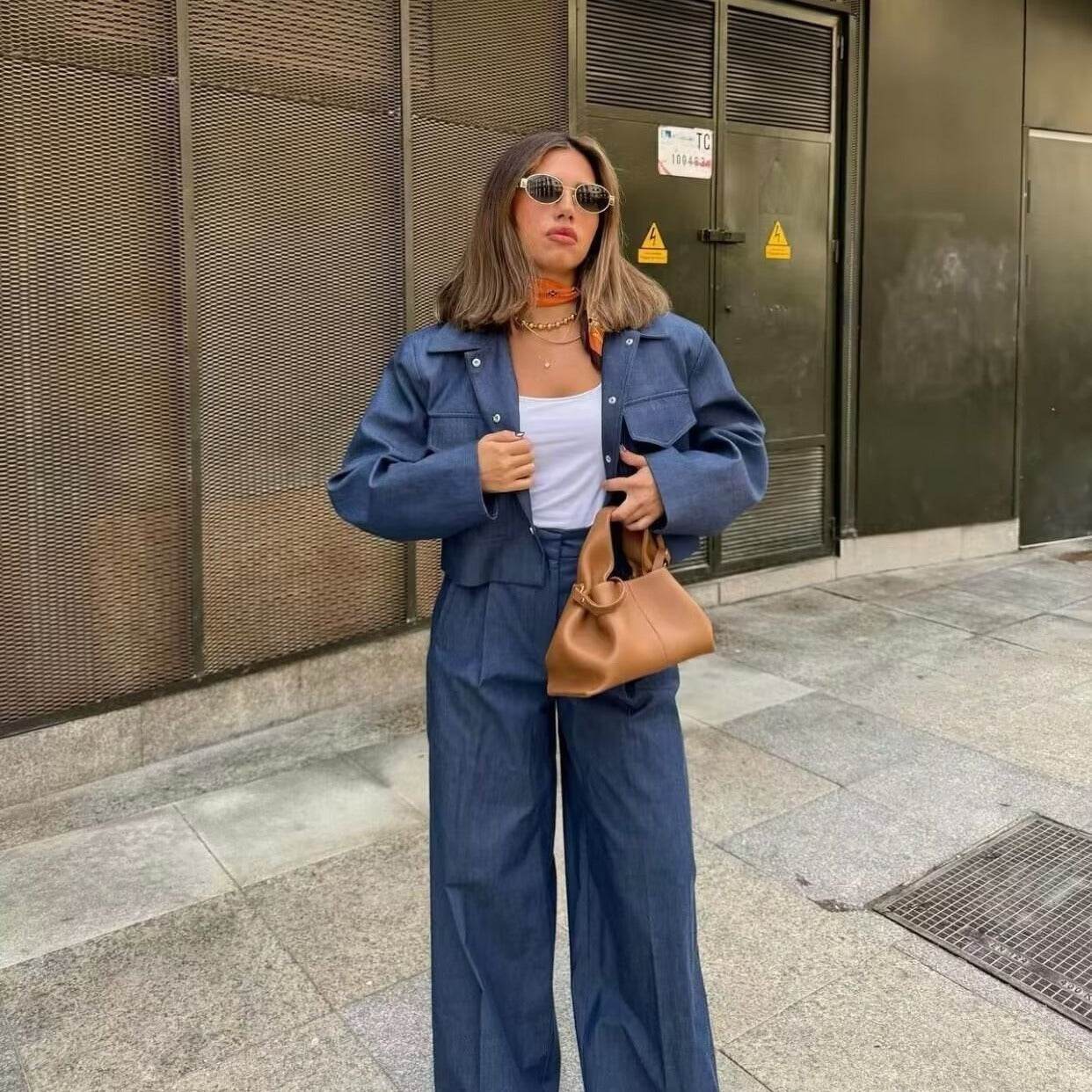 Double Pocket Cropped Coat Top High Waist Wide Leg Pants Suit - MYLUXURY LANE ENTERPRISE