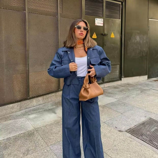Double Pocket Cropped Coat Top High Waist Wide Leg Pants Suit - MYLUXURY LANE ENTERPRISE