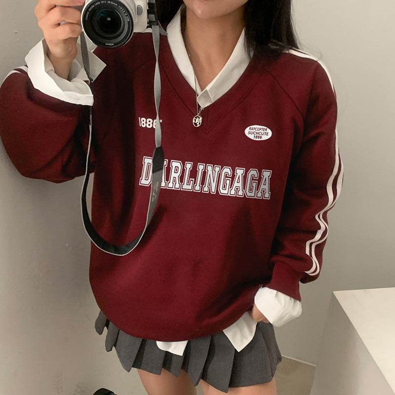 Women's Loose Casual Letter Printed Parallel Bars Contrast Color Coat - MYLUXURY LANE ENTERPRISE