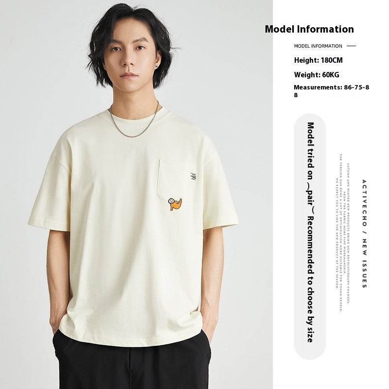 Embroidered Crew Neck T-shirt Cotton Double Yarn Loose - MYLUXURY LANE ENTERPRISE