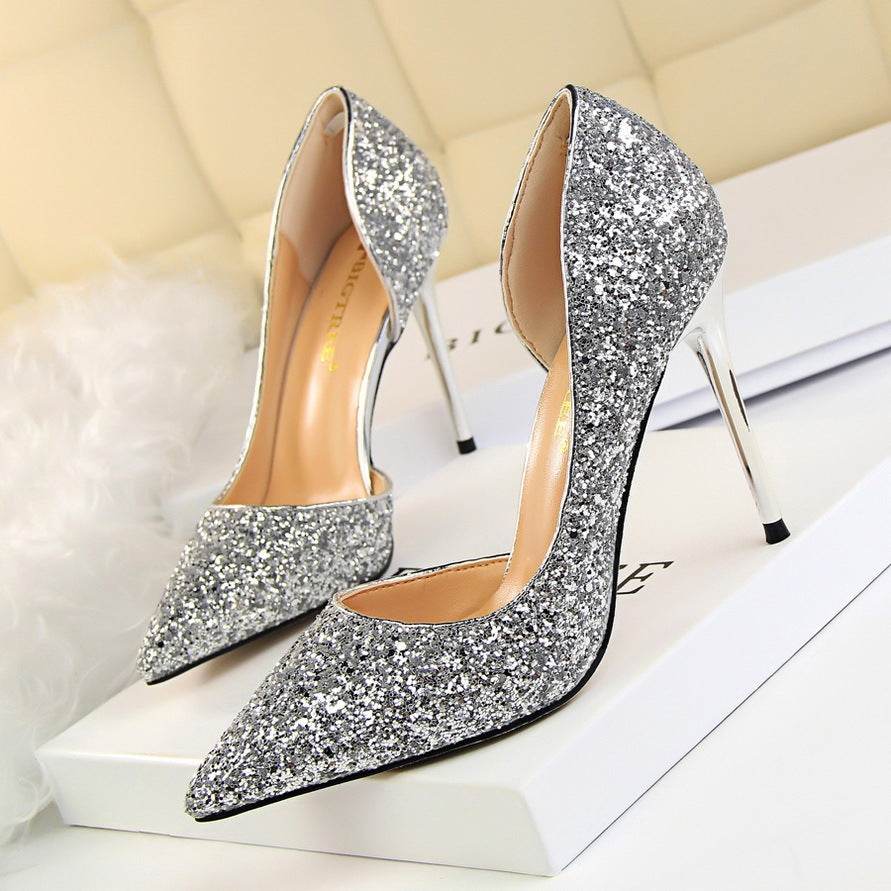 Skinny Women's Shoes Stiletto Heel Shallow Mouth Pointed Side Hollow-out Sequin - MYLUXURY LANE ENTERPRISE