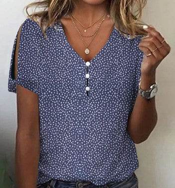 Flower Series 3D Printed V-neck Button T-shirt Top - MYLUXURY LANE ENTERPRISE