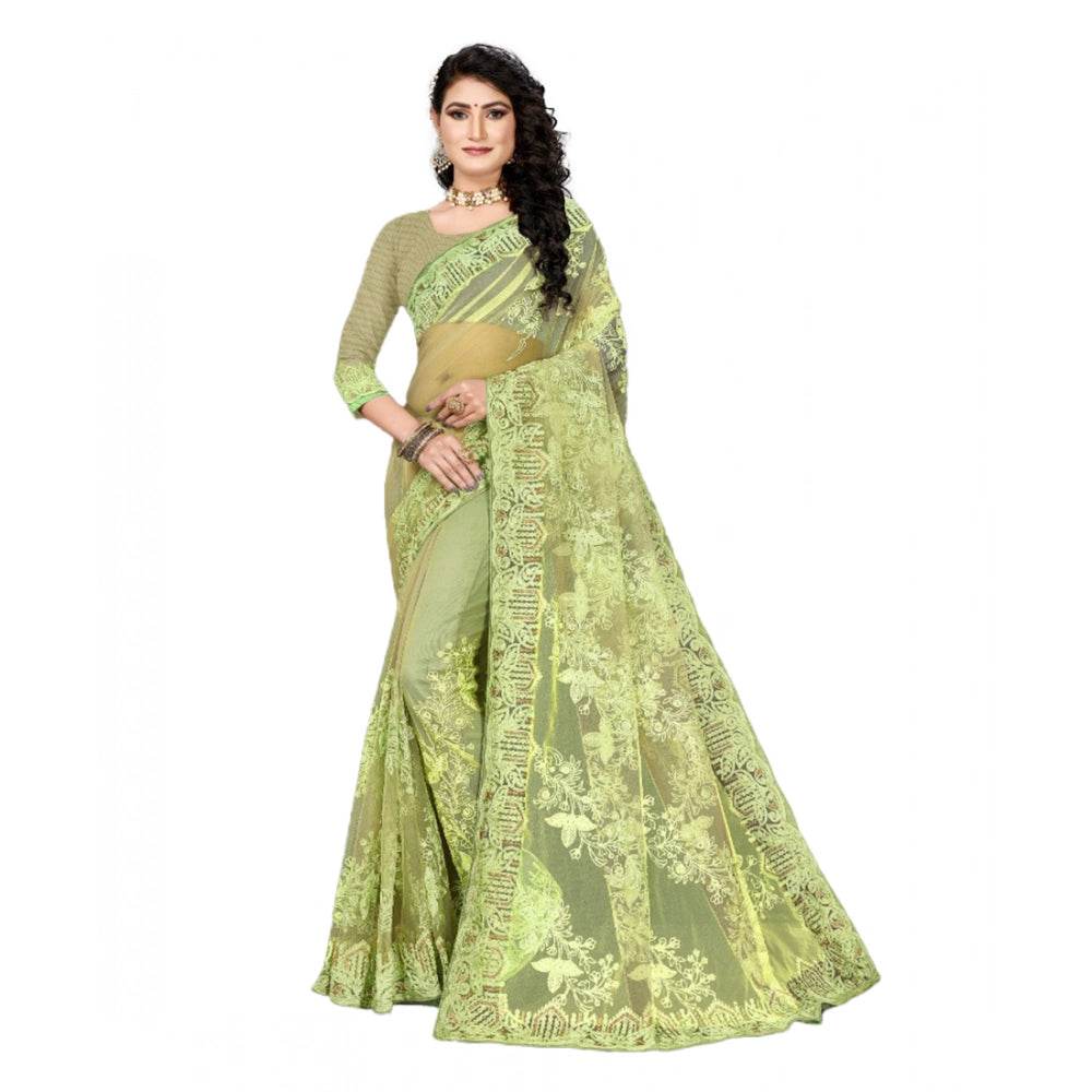 Generic Women's Net Saree With Blouse (Pista Green, 5-6Mtrs) - MYLUXURY LANE ENTERPRISE
