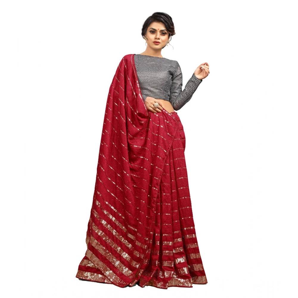 Generic Women's Vichitra Saree with Blouse (Red, 5-6 Mtrs) - MYLUXURY LANE ENTERPRISE