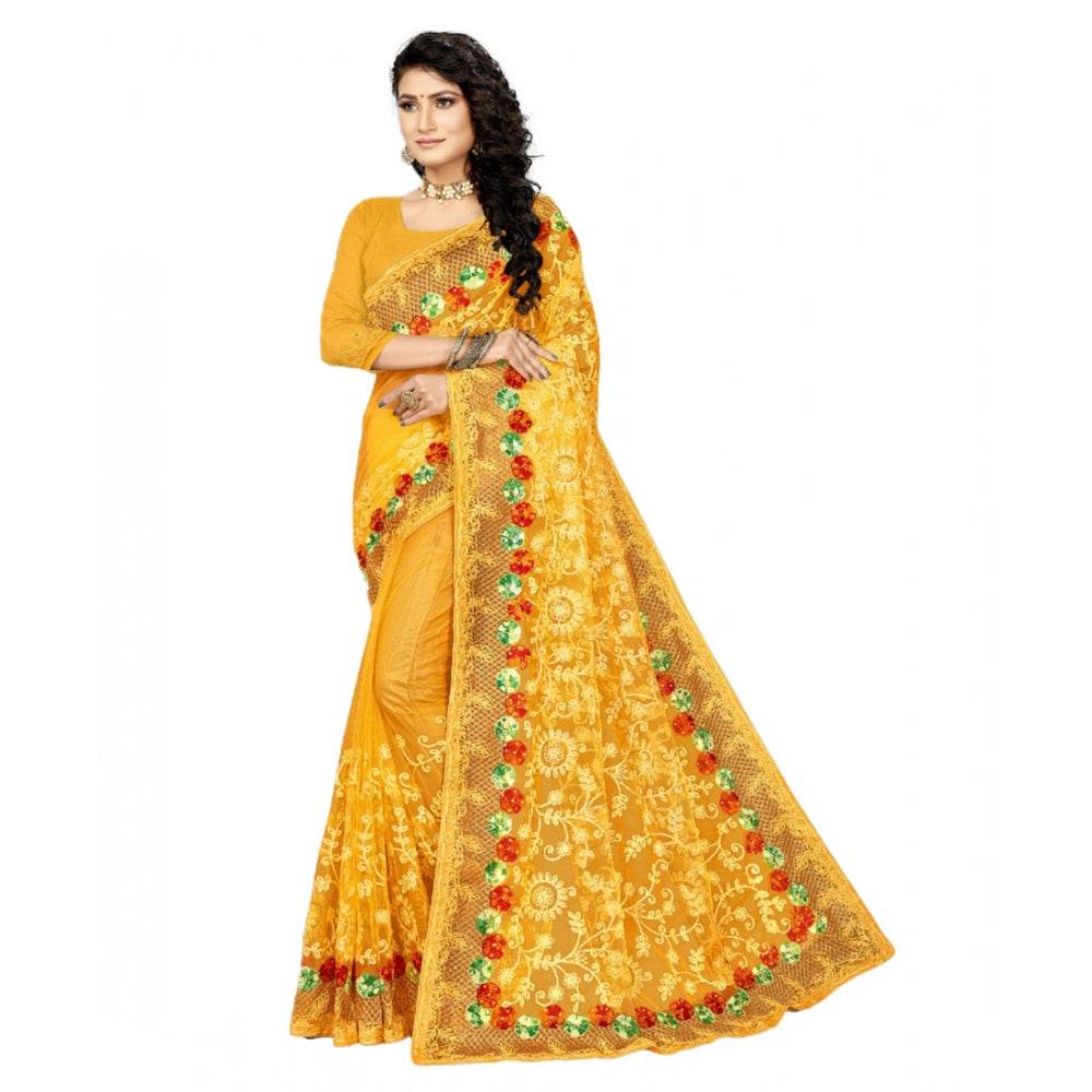 Generic Women's Net Saree With Blouse (Yellow, 5-6Mtrs) - MYLUXURY LANE ENTERPRISE