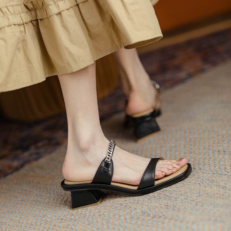 Summer Leather One-word Sandals And Slippers Women's Mid-heel Fashion Outer Wear New Beige Thick-heel Fairy Style Sandals - MYLUXURY LANE ENTERPRISE
