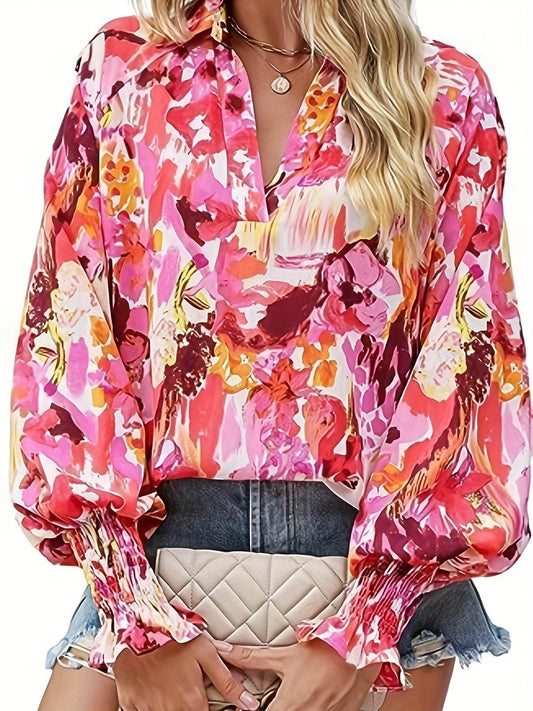 Casual V-neck Lantern Long Sleeve Printed Top Shirt - MYLUXURY LANE ENTERPRISE