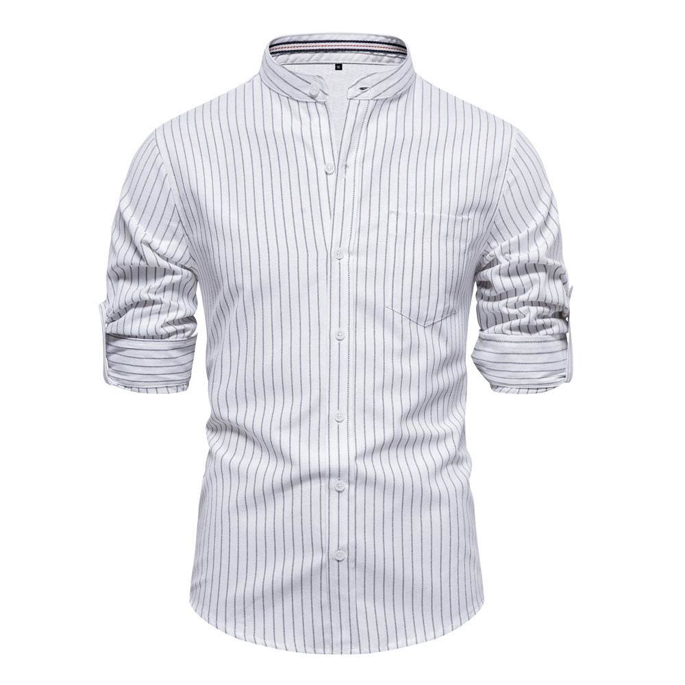 Spring And Summer Slim Stand Collar Shirt Men's Cotton And Linen Stripes Long Sleeve Shirt - MYLUXURY LANE ENTERPRISE