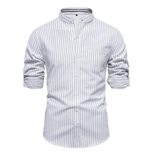 Spring And Summer Slim Stand Collar Shirt Men's Cotton And Linen Stripes Long Sleeve Shirt - MYLUXURY LANE ENTERPRISE