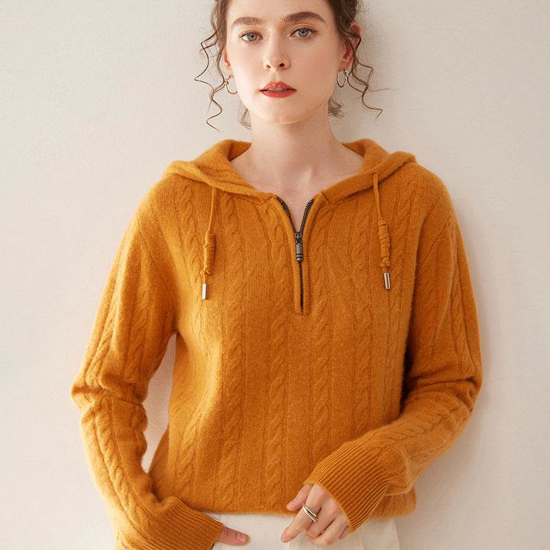 Cashmere Sweater Women's Hooded Twist Half-open Collar Sweater - MYLUXURY LANE ENTERPRISE
