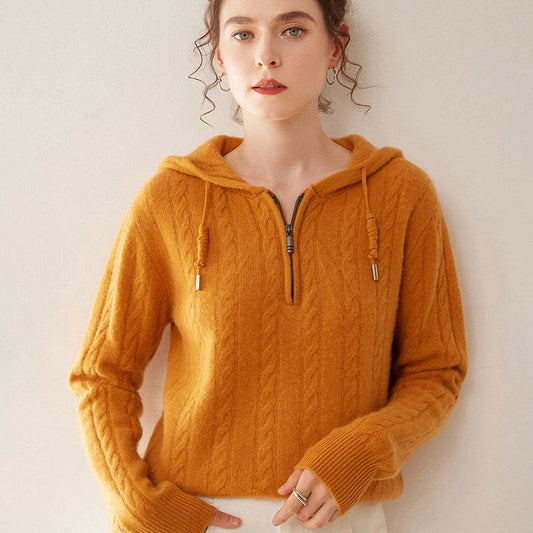 Cashmere Sweater Women's Hooded Twist Half-open Collar Sweater - MYLUXURY LANE ENTERPRISE