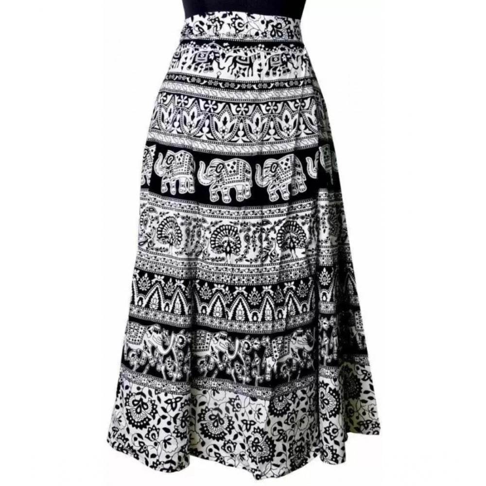 Generic Women's Cotton Jaipur Printed Wrap Around Maxi Skirt (Black, Free Size) - MYLUXURY LANE ENTERPRISE