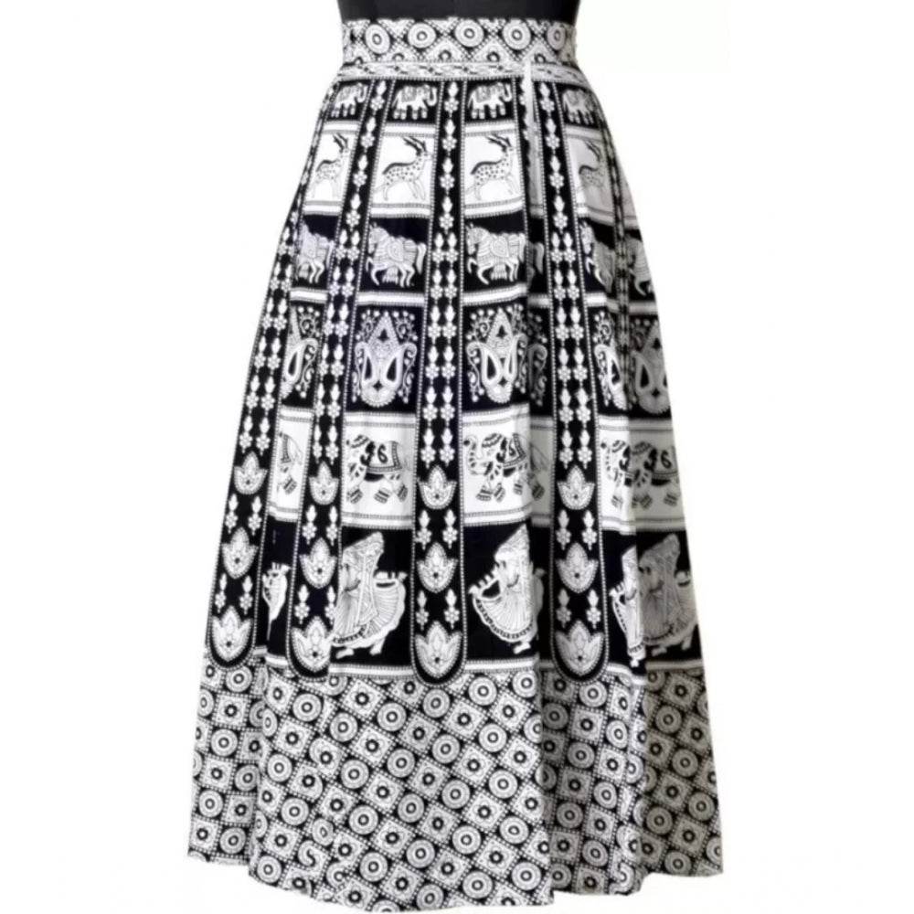Generic Women's Cotton Jaipur Printed Wrap Around Maxi Skirt (Black, Free Size) - MYLUXURY LANE ENTERPRISE