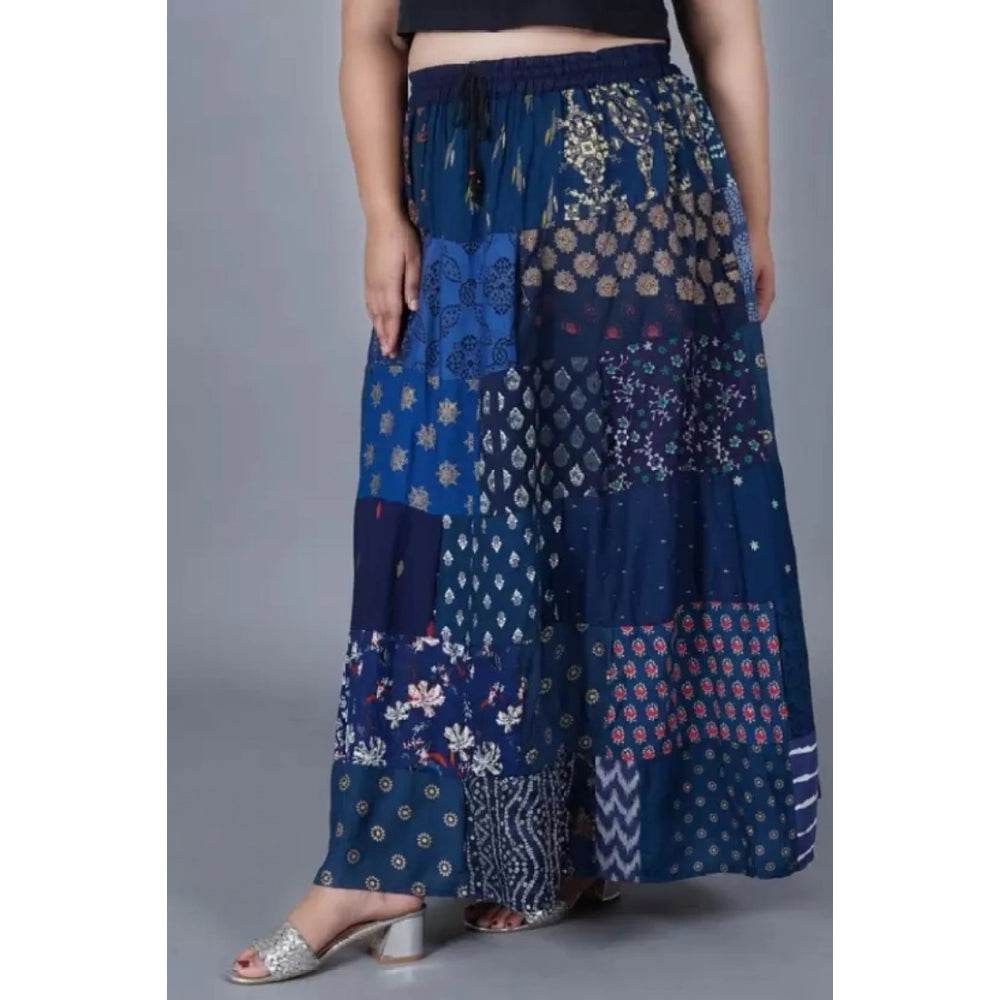 Generic Women's Rayon Printed Elastic Skirt (Blue, Free Size) - MYLUXURY LANE ENTERPRISE