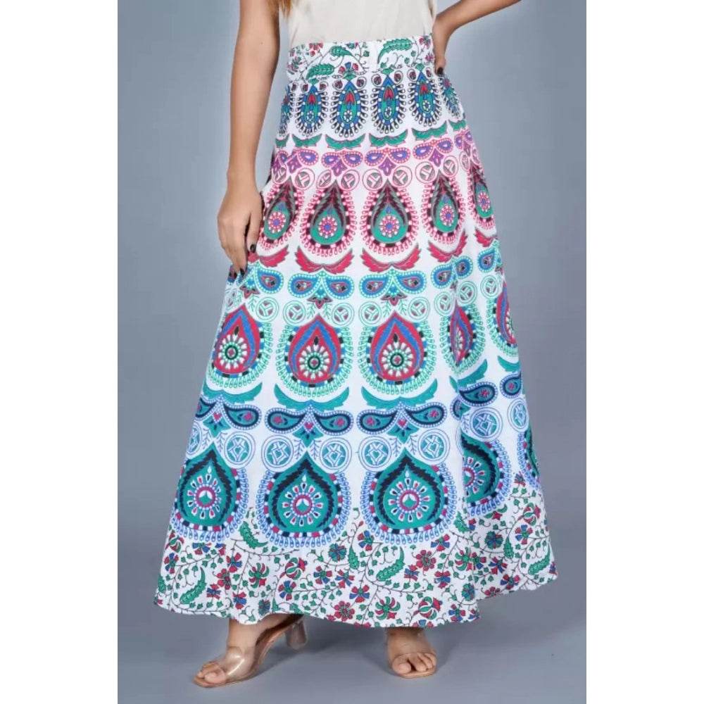 Generic Women's Cotton Jaipur Printed Wrap Around Maxi Skirt (White, Free Size) - MYLUXURY LANE ENTERPRISE