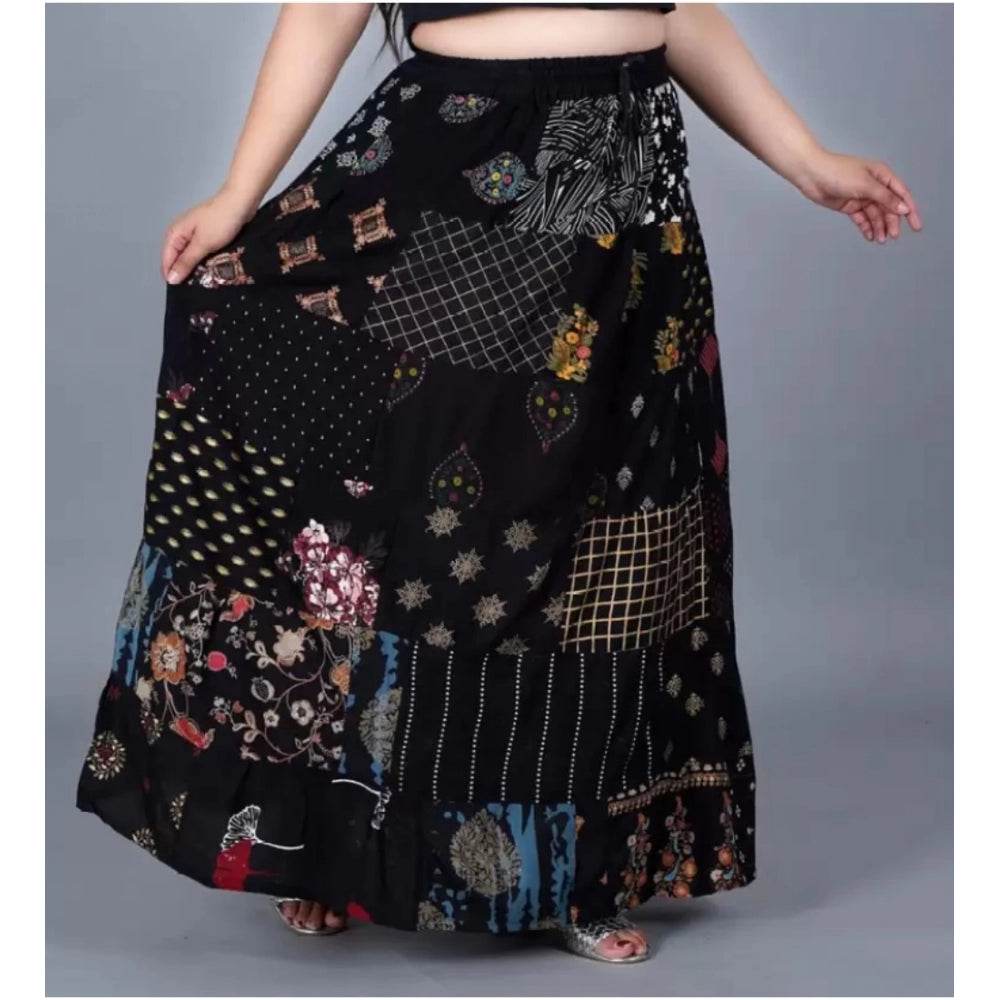 Generic Women's Rayon Printed Elastic Skirt (Black, Free Size) - MYLUXURY LANE ENTERPRISE