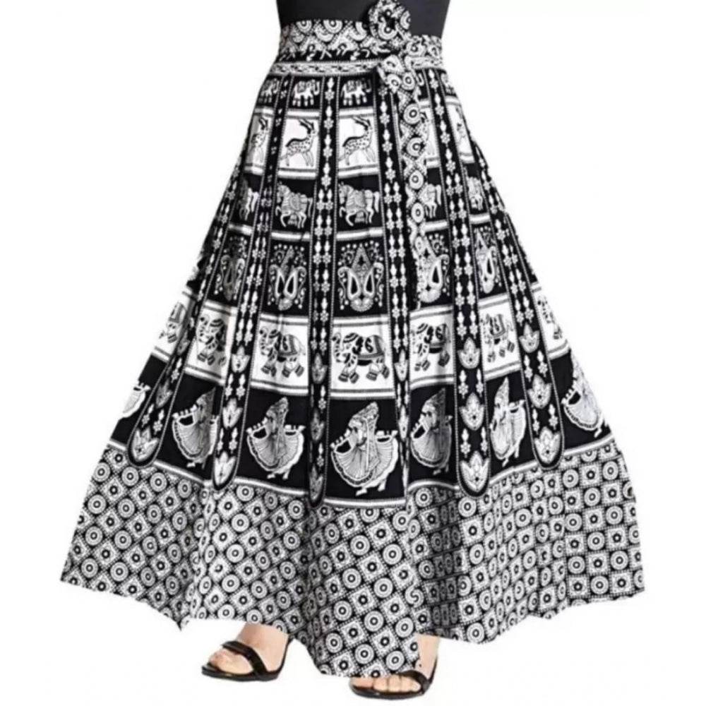 Generic Women's Cotton Jaipur Printed Wrap Around Maxi Skirt (Black, Free Size) - MYLUXURY LANE ENTERPRISE