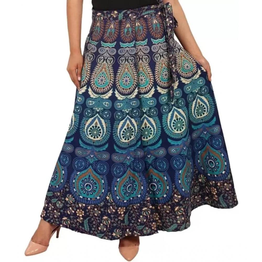 Generic Women's Cotton Jaipur Printed Wrap Around Maxi Skirt (Blue, Free Size) - MYLUXURY LANE ENTERPRISE