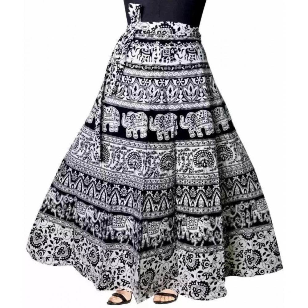 Generic Women's Cotton Jaipur Printed Wrap Around Maxi Skirt (Black, Free Size) - MYLUXURY LANE ENTERPRISE
