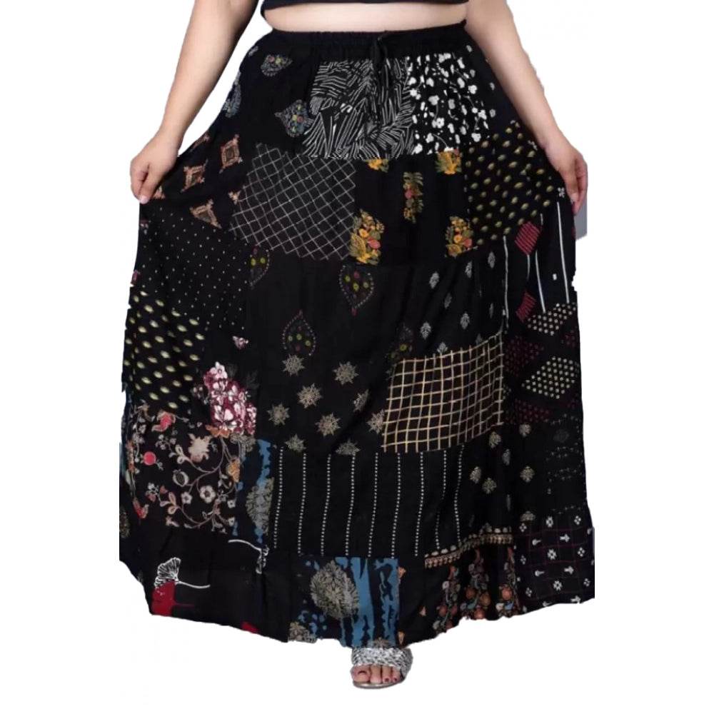 Generic Women's Rayon Printed Elastic Skirt (Black, Free Size) - MYLUXURY LANE ENTERPRISE