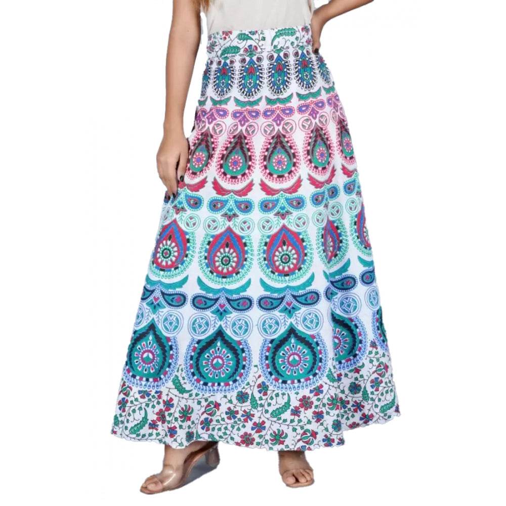 Generic Women's Cotton Jaipur Printed Wrap Around Maxi Skirt (White, Free Size) - MYLUXURY LANE ENTERPRISE