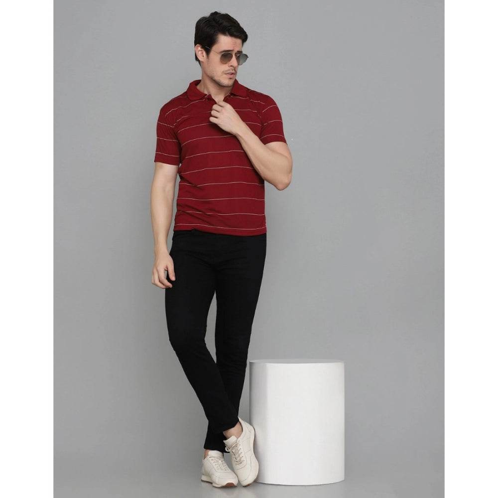 Generic Men's Casual Half Sleeve Striped Cotton Blended Polo Neck T-shirt (Maroon) - MYLUXURY LANE ENTERPRISE