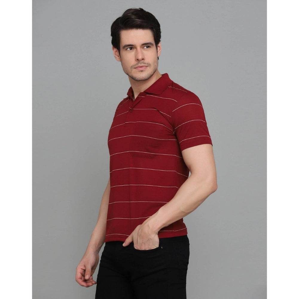 Generic Men's Casual Half Sleeve Striped Cotton Blended Polo Neck T-shirt (Maroon) - MYLUXURY LANE ENTERPRISE