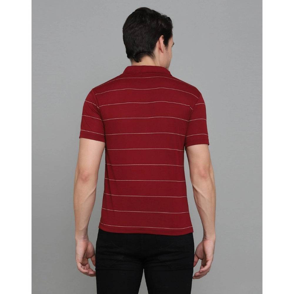 Generic Men's Casual Half Sleeve Striped Cotton Blended Polo Neck T-shirt (Maroon) - MYLUXURY LANE ENTERPRISE