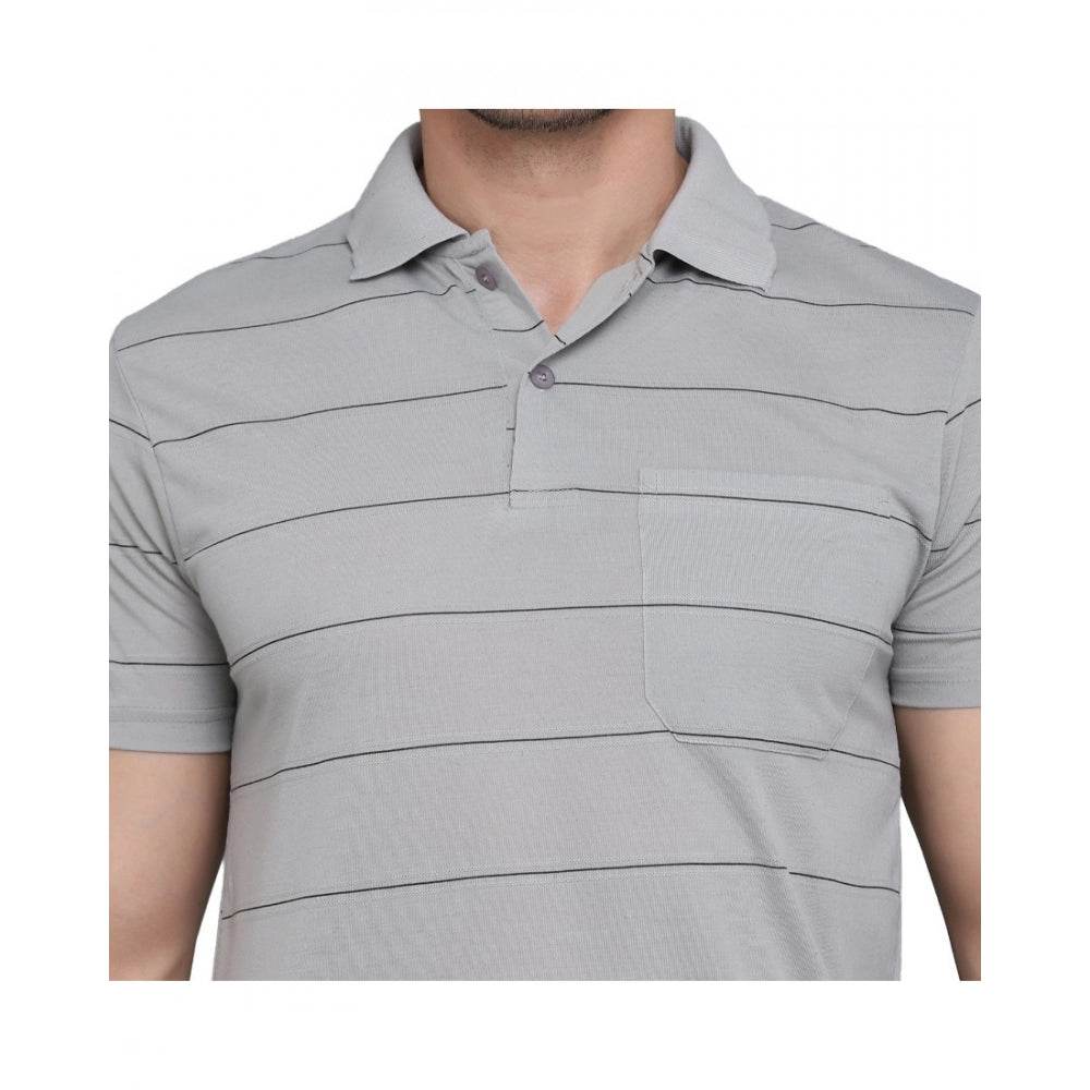 Generic Men's Casual Half Sleeve Striped Cotton Blended Polo Neck T-shirt (L.Grey) - MYLUXURY LANE ENTERPRISE
