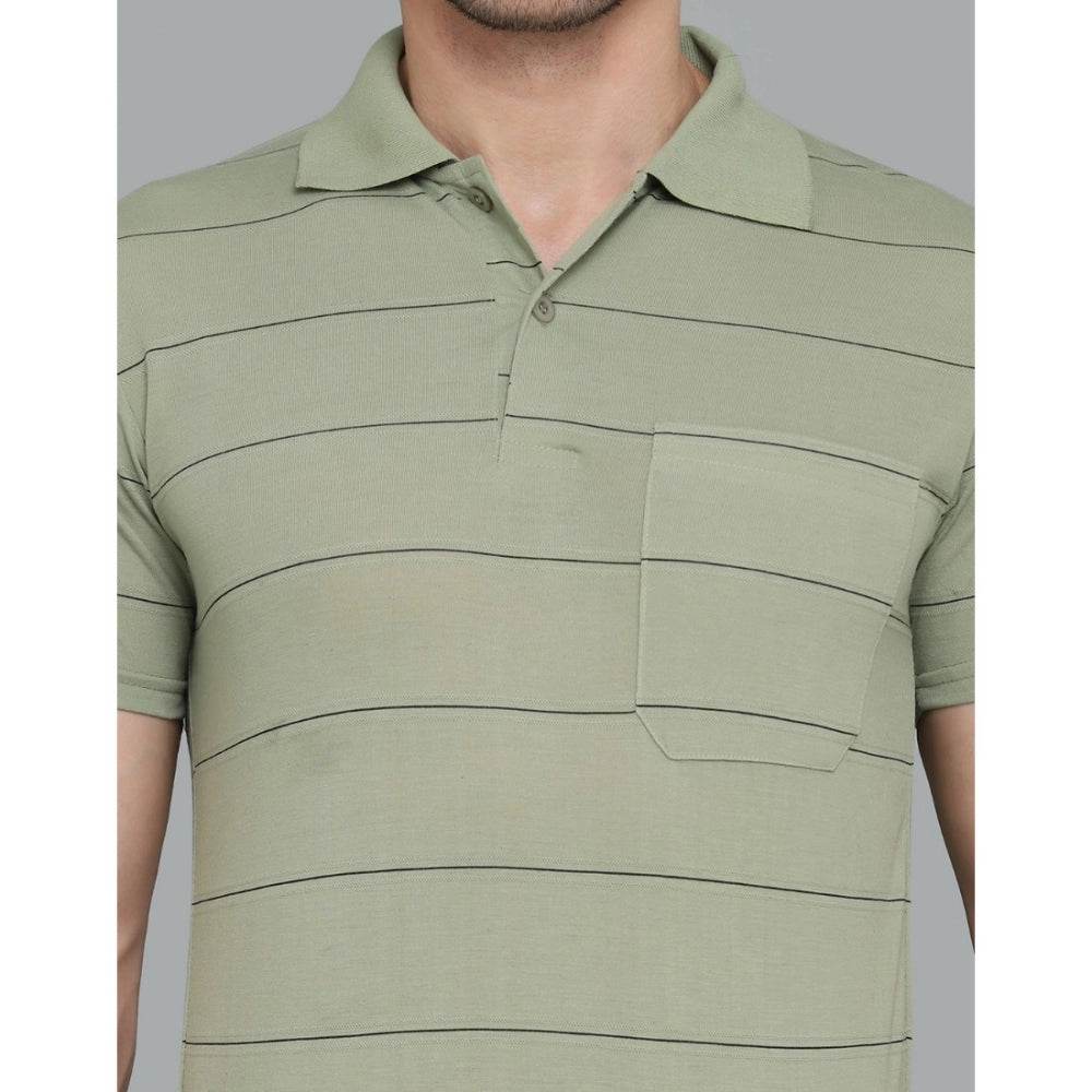 Generic Men's Casual Half Sleeve Striped Cotton Blended Polo Neck T-shirt (L.Green) - MYLUXURY LANE ENTERPRISE
