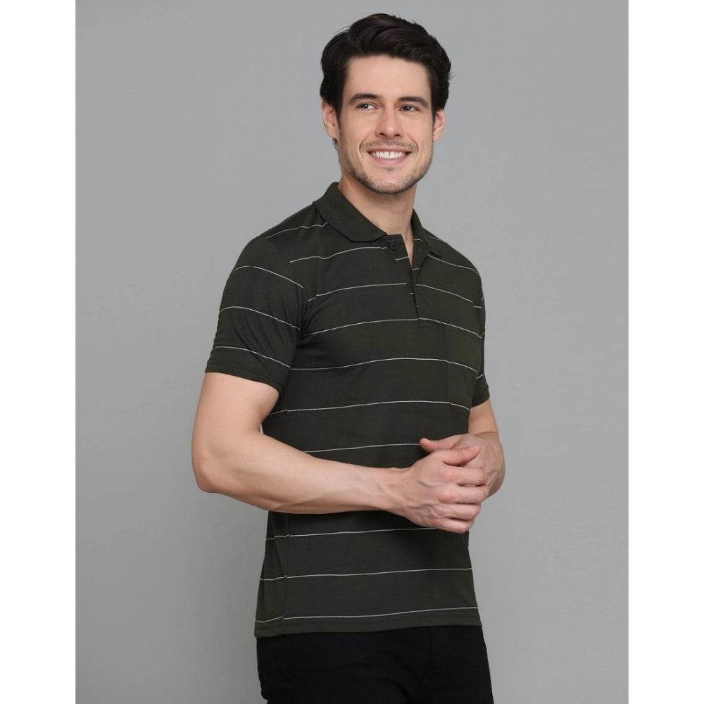 Generic Men's Casual Half Sleeve Striped Cotton Blended Polo Neck T-shirt (Green) - MYLUXURY LANE ENTERPRISE