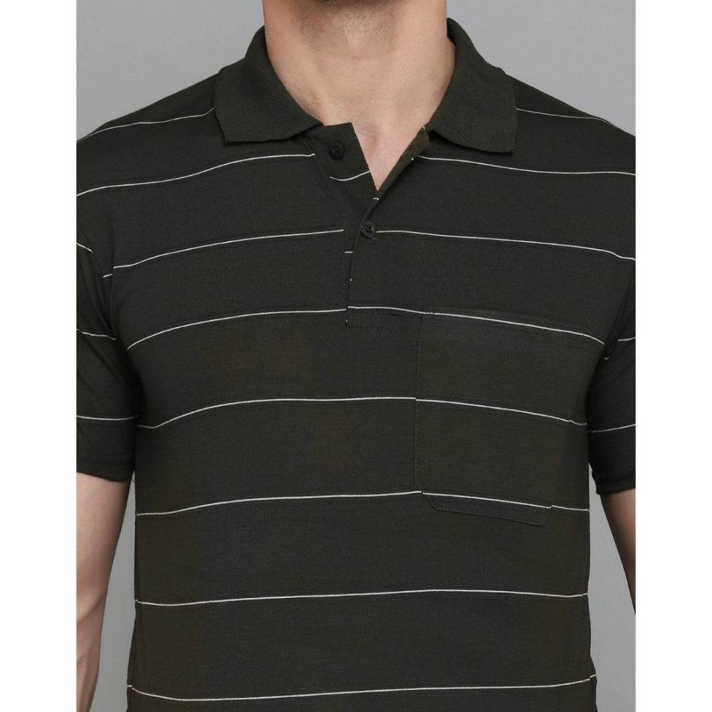 Generic Men's Casual Half Sleeve Striped Cotton Blended Polo Neck T-shirt (Green) - MYLUXURY LANE ENTERPRISE