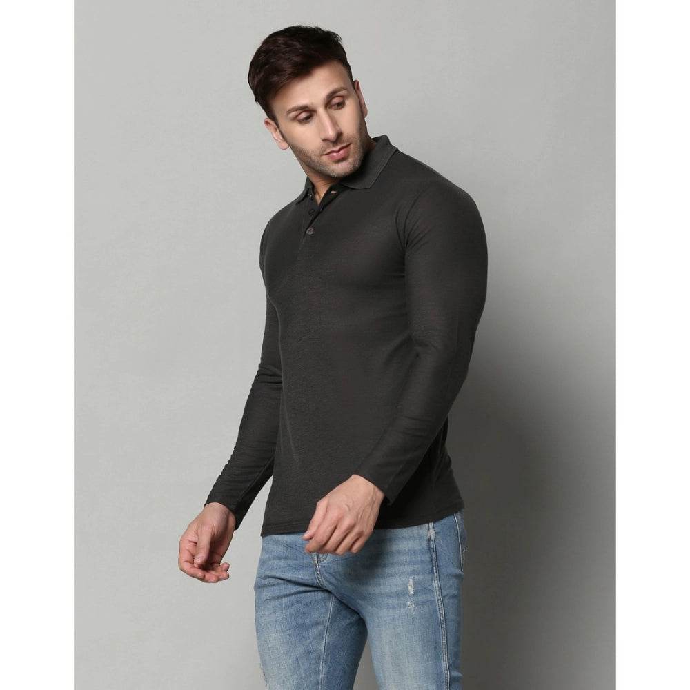 Generic Men's Casual Full Sleeve Solid Cotton Blended Polo Neck T-shirt (D.Grey) - MYLUXURY LANE ENTERPRISE