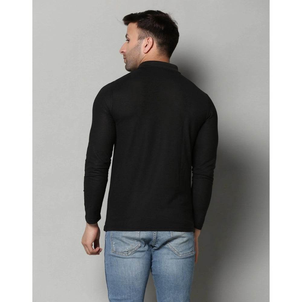Generic Men's Casual Full Sleeve Solid Cotton Blended Polo Neck T-shirt (Black) - MYLUXURY LANE ENTERPRISE