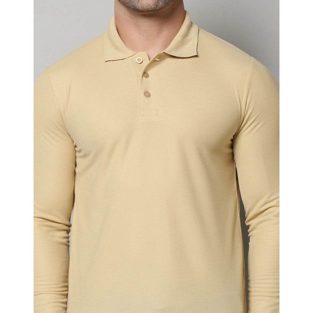 Generic Men's Casual Full Sleeve Solid Cotton Blended Polo Neck T-shirt (Beige) - MYLUXURY LANE ENTERPRISE