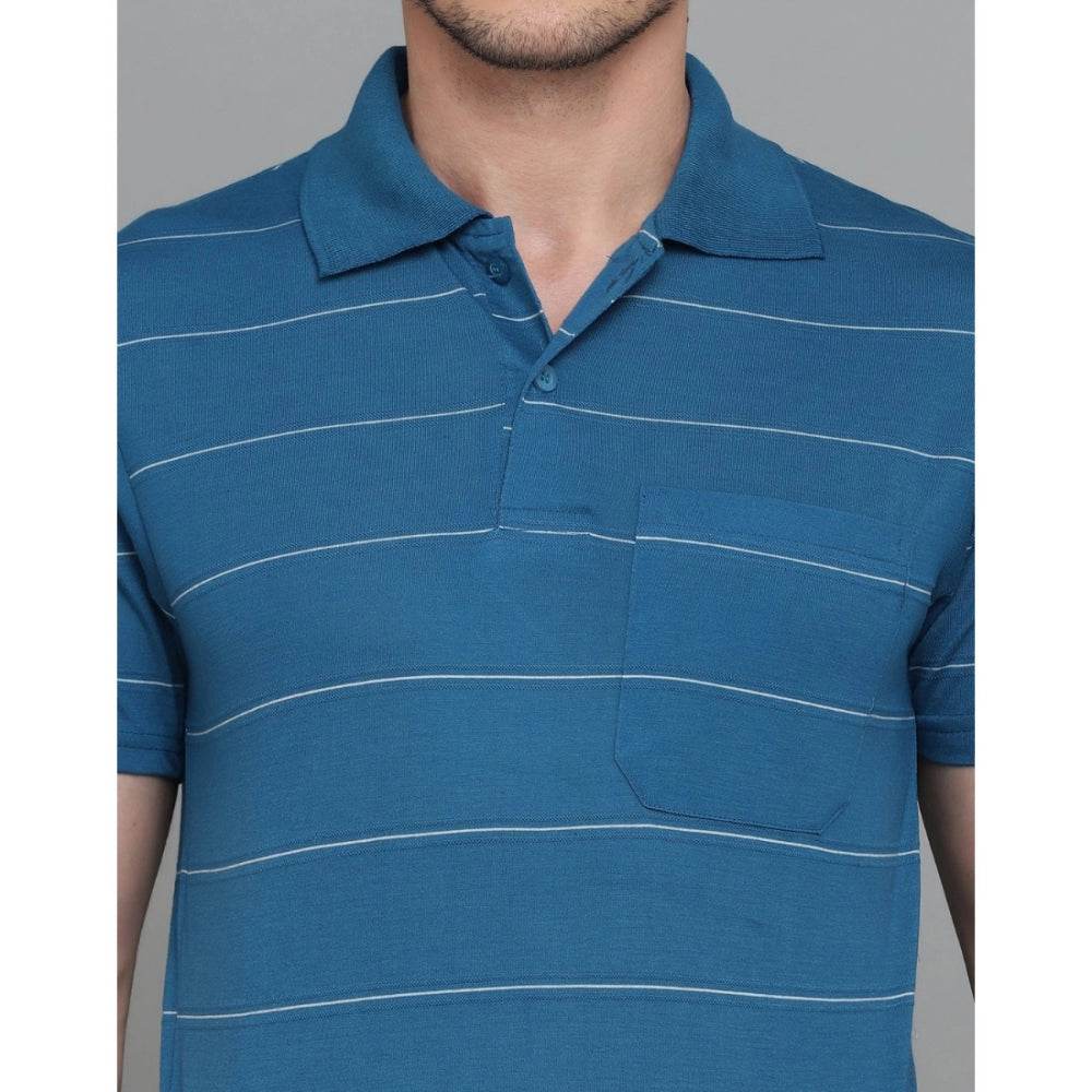 Generic Men's Casual Half Sleeve Striped Cotton Blended Polo Neck T-shirt (Teel Blue) - MYLUXURY LANE ENTERPRISE