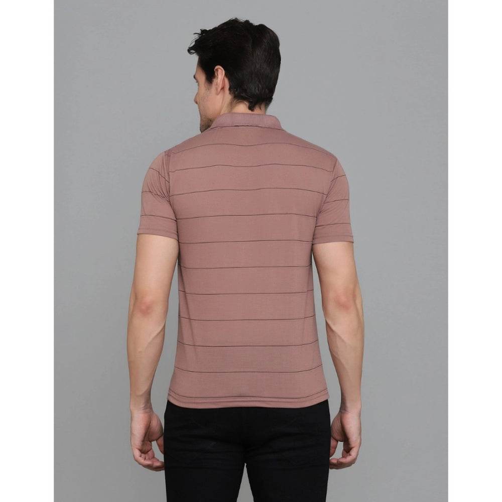 Generic Men's Casual Half Sleeve Striped Cotton Blended Polo Neck T-shirt (Pink) - MYLUXURY LANE ENTERPRISE