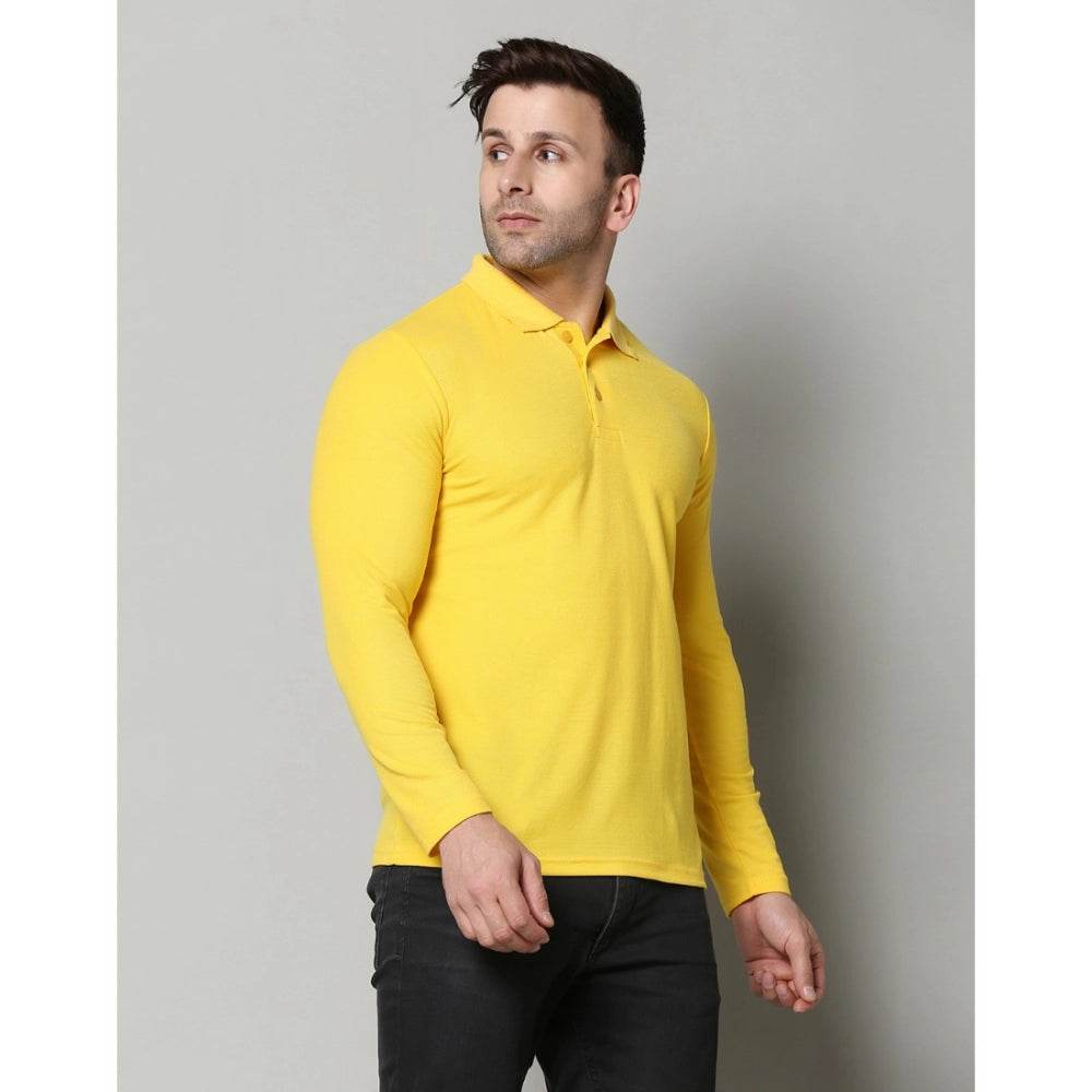 Generic Men's Casual Full Sleeve Solid Cotton Blended Polo Neck T-shirt (Yellow) - MYLUXURY LANE ENTERPRISE