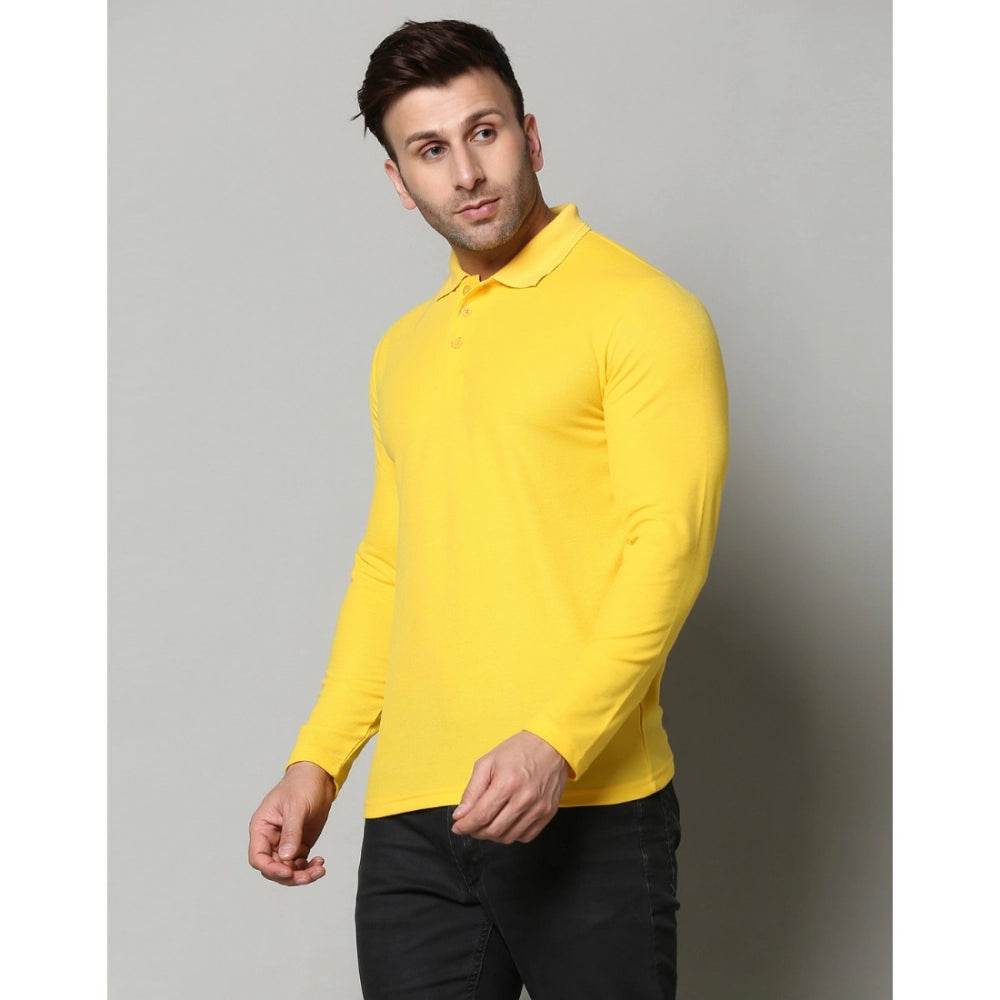 Generic Men's Casual Full Sleeve Solid Cotton Blended Polo Neck T-shirt (Yellow) - MYLUXURY LANE ENTERPRISE