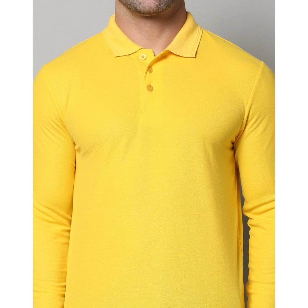 Generic Men's Casual Full Sleeve Solid Cotton Blended Polo Neck T-shirt (Yellow) - MYLUXURY LANE ENTERPRISE