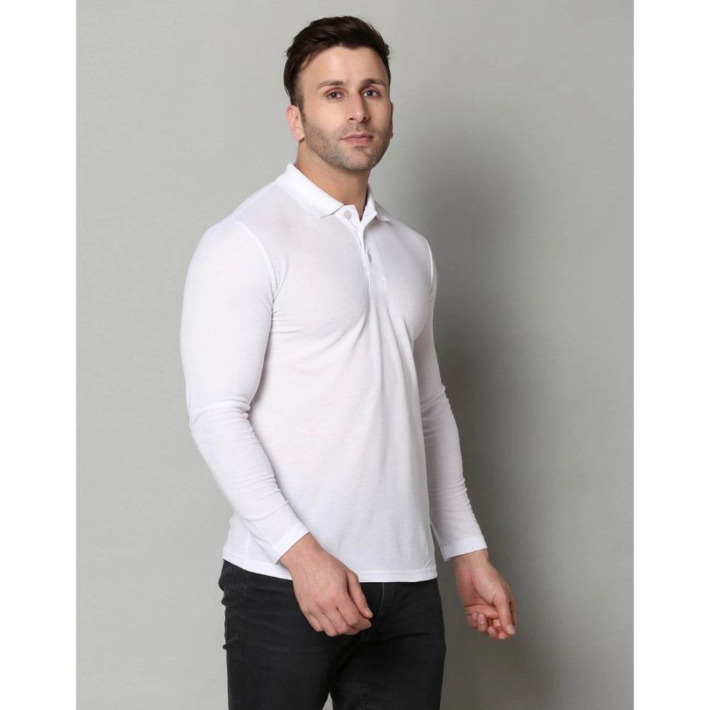 Generic Men's Casual Full Sleeve Solid Cotton Blended Polo Neck T-shirt (White) - MYLUXURY LANE ENTERPRISE