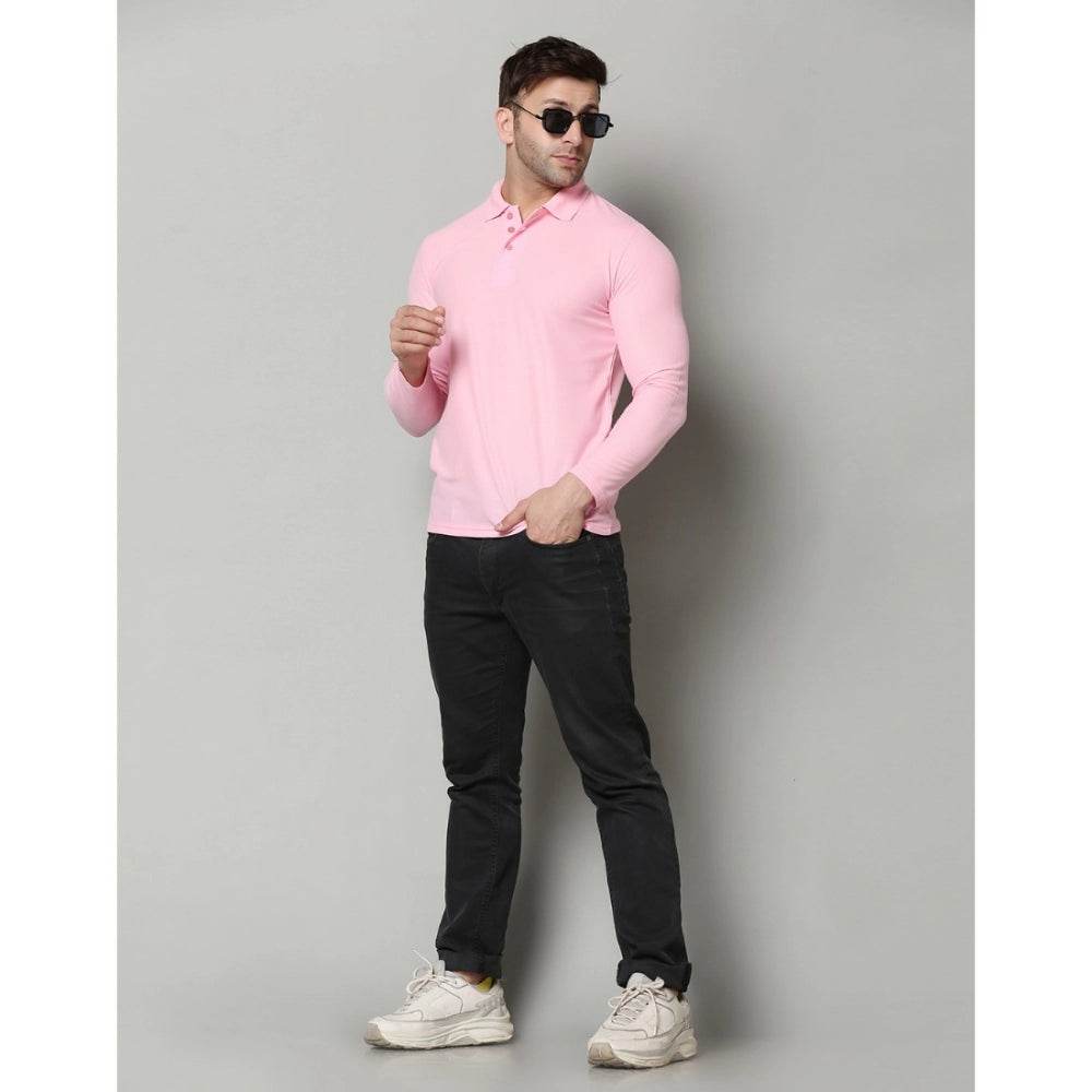 Generic Men's Casual Full Sleeve Solid Cotton Blended Polo Neck T-shirt (Pink) - MYLUXURY LANE ENTERPRISE