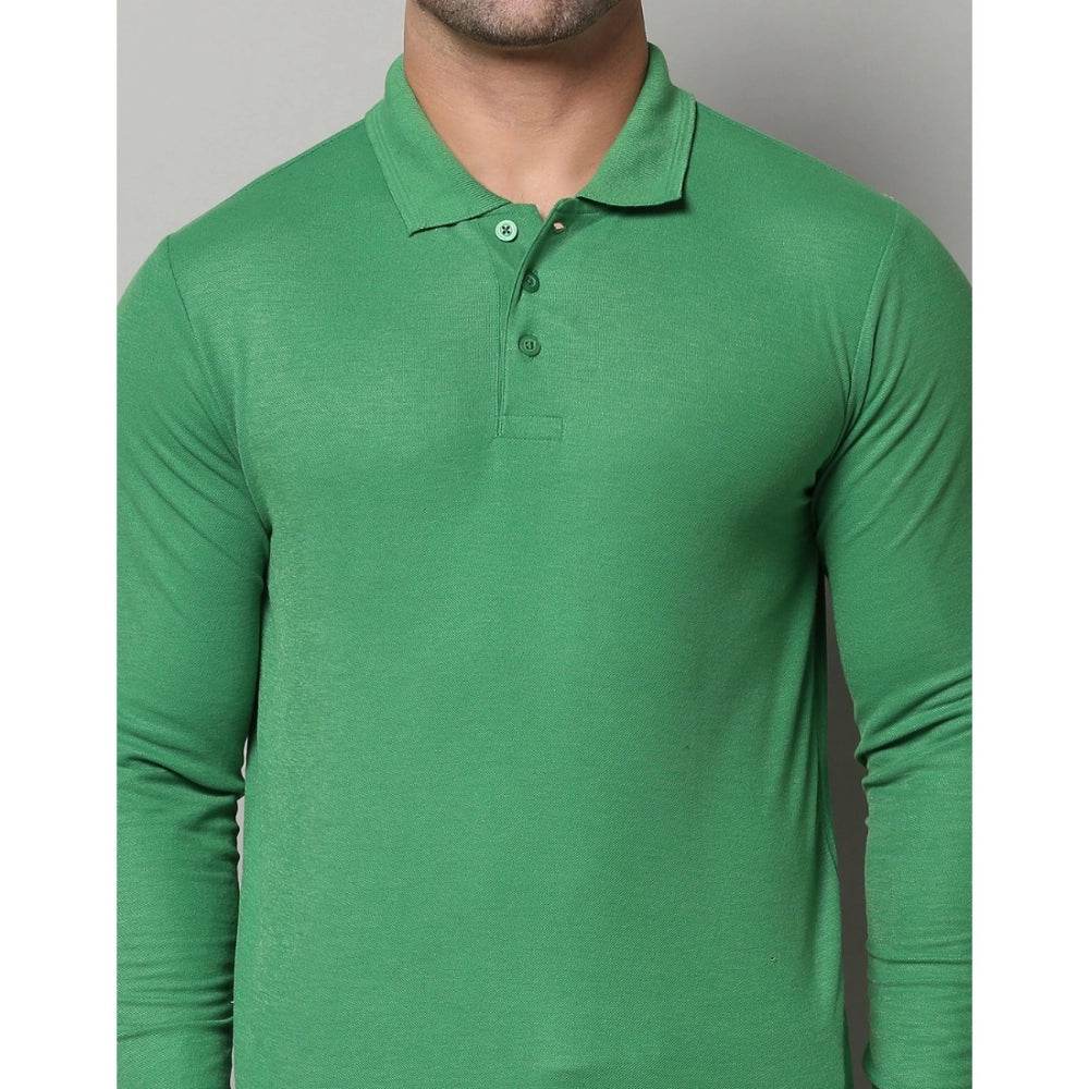 Generic Men's Casual Full Sleeve Solid Cotton Blended Polo Neck T-shirt (P.Green) - MYLUXURY LANE ENTERPRISE