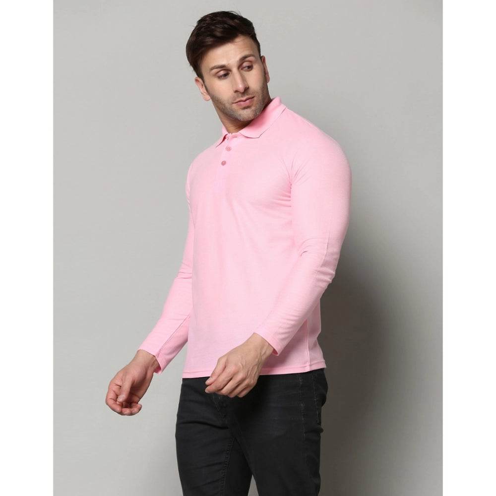 Generic Men's Casual Full Sleeve Solid Cotton Blended Polo Neck T-shirt (Pink) - MYLUXURY LANE ENTERPRISE