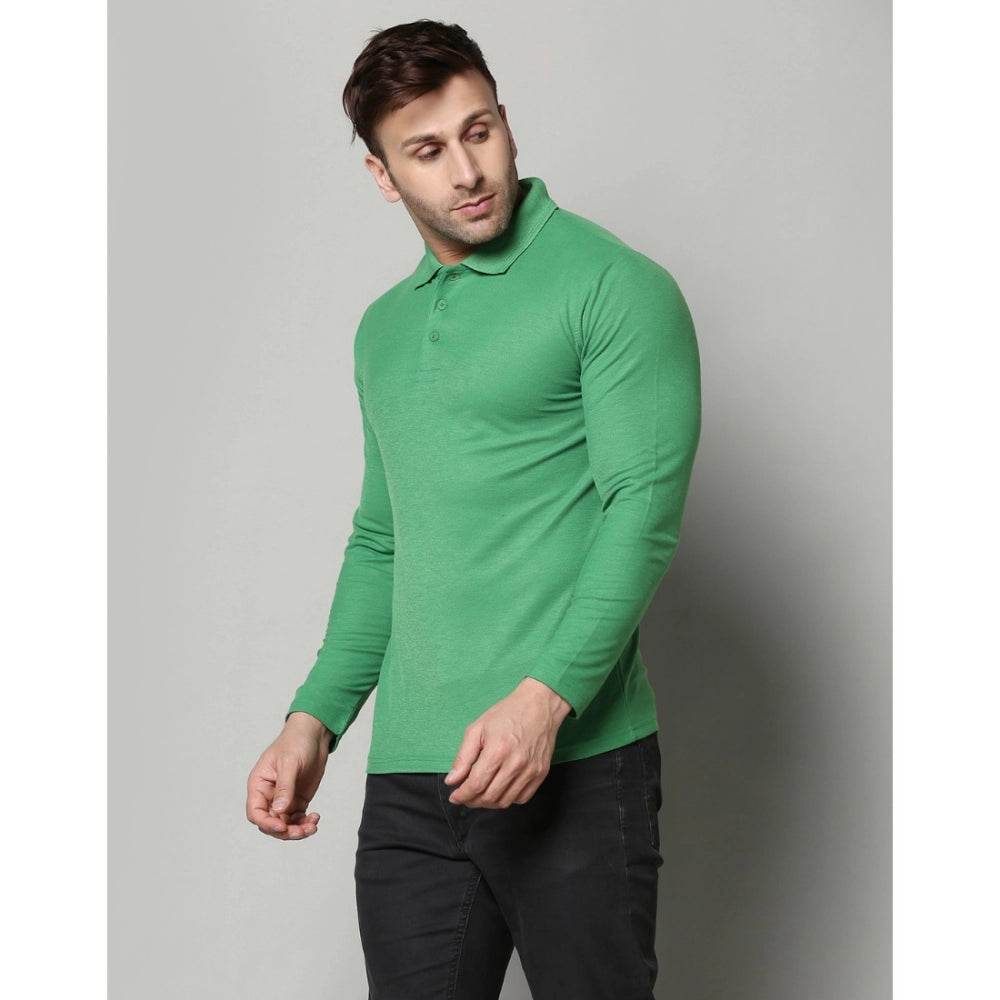 Generic Men's Casual Full Sleeve Solid Cotton Blended Polo Neck T-shirt (P.Green) - MYLUXURY LANE ENTERPRISE