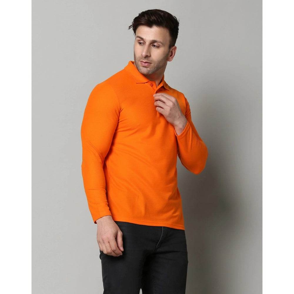 Generic Men's Casual Full Sleeve Solid Cotton Blended Polo Neck T-shirt (Orange) - MYLUXURY LANE ENTERPRISE