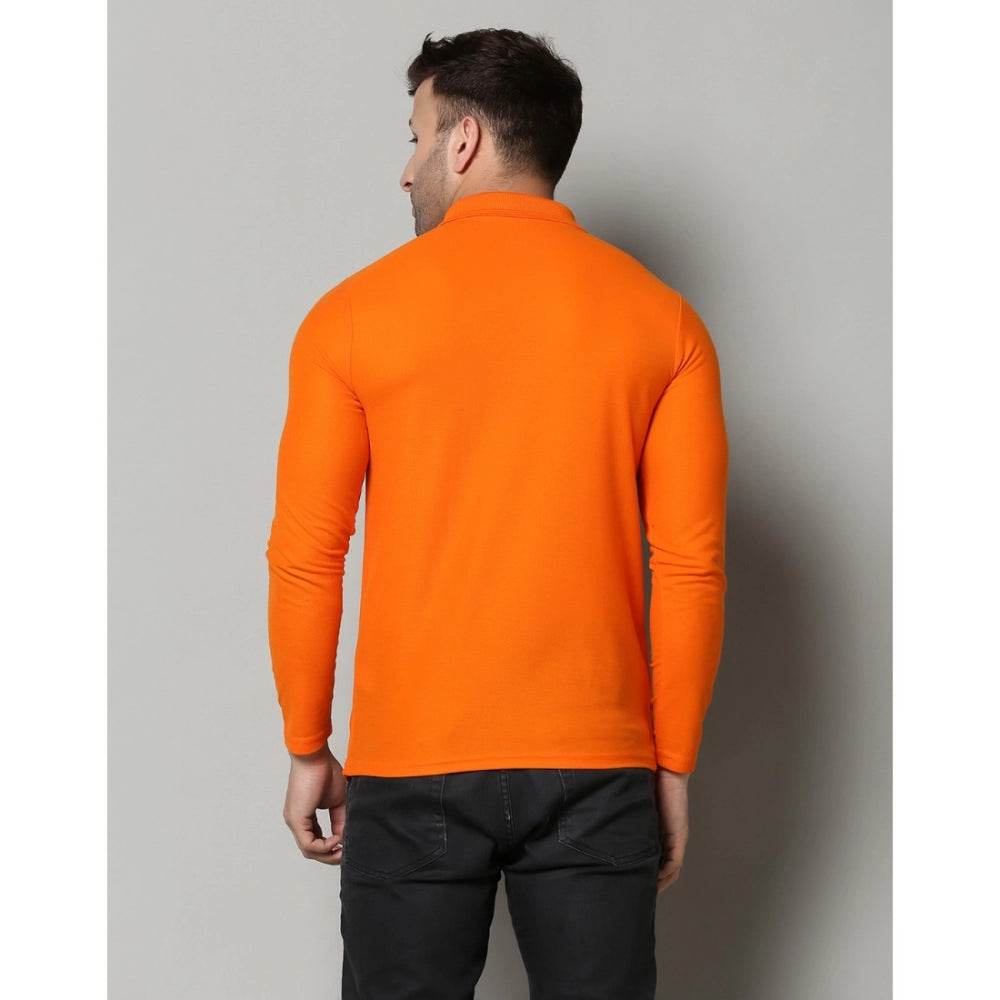 Generic Men's Casual Full Sleeve Solid Cotton Blended Polo Neck T-shirt (Orange) - MYLUXURY LANE ENTERPRISE
