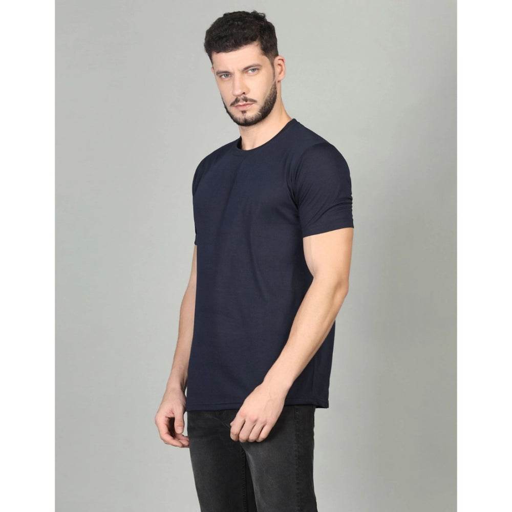 Generic Men's Casual Half Sleeve Solid Cotton Blended Round Neck T-shirt (Dark Blue) - MYLUXURY LANE ENTERPRISE