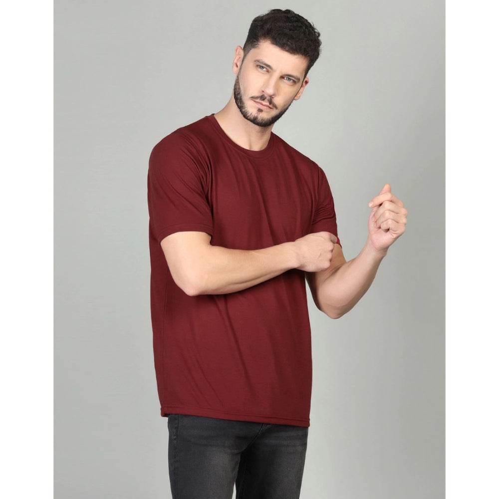 Generic Men's Casual Half Sleeve Solid Cotton Blended Round Neck T-shirt (Maroon) - MYLUXURY LANE ENTERPRISE
