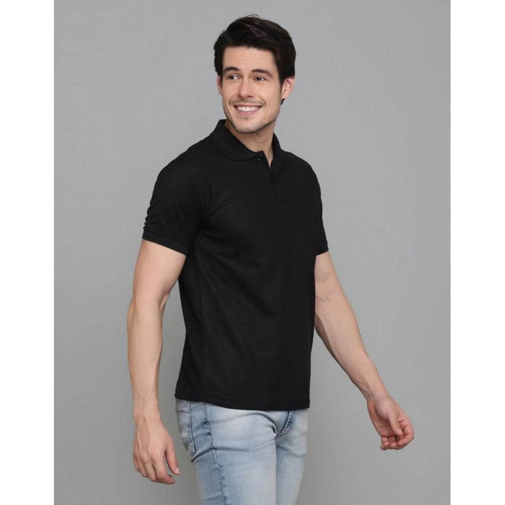 Generic Men's Casual Half Sleeve Solid Cotton Blended Polo Neck T-shirt (Black) - MYLUXURY LANE ENTERPRISE
